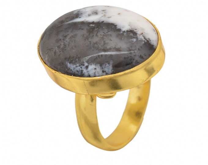 Size 8.5 - Size 10 Dendritic Opal Merlinite Ring Meditation Ring 24K Gold Ring GPR1491