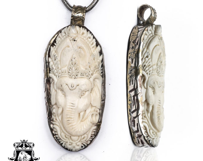 Crowned Ganesha Carving Pendant & FREE 3MM Italian 925 Sterling Silver Chain N143