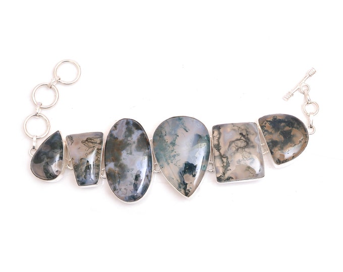 Uruguay Mined Moss Agate Genuine Gemstone 925 Sterling Silver Bracelet B4609