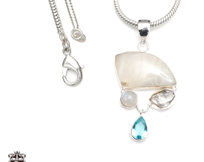 Moonstone Herkimer Diamond 925 Sterling Silver Pendant & 3MM Italian 925 Sterling Silver Chain P9242