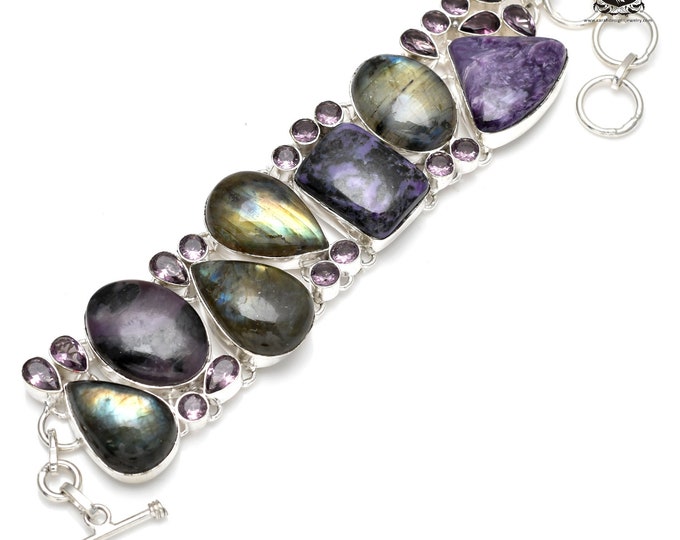 Charoite LABRADORITE Amethyst 925 Sterling Silver Bracelet B3450