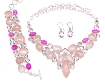 Hot Pink! Lilac Amethyst Pink Moonstone Rose Quartz Fine 925 Sterling Silver Necklace Bracelet Earrings SET1155