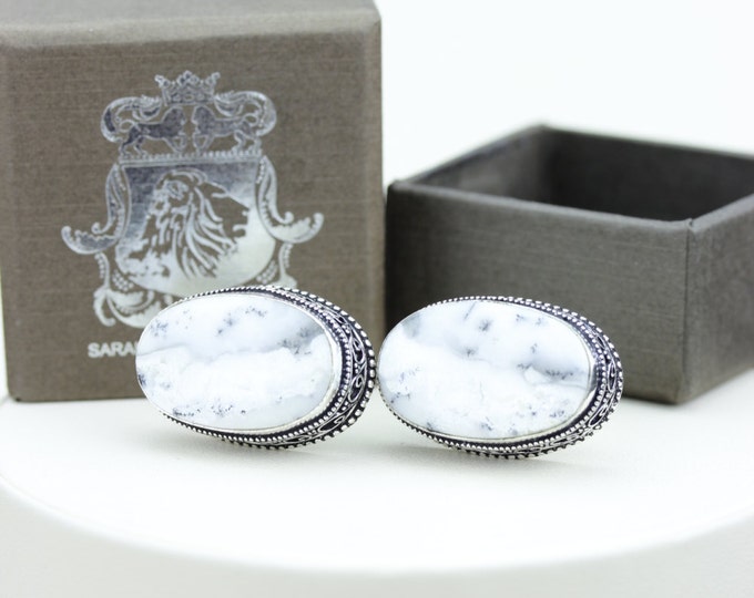 Vintage Filigree Antique 925 Sterling Silver Unisex Cufflink Men's cufflinks Dendritic Agate Vintage Cufflinks with Silver Polishing Cloth