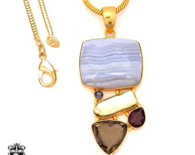 Blue Lace Agate 24K Gold Pendant & 3mm Snake Chain GP78