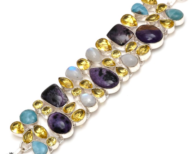 Charoite Citrine Larimar Moonstone 925 Sterling Silver Bracelet B3760