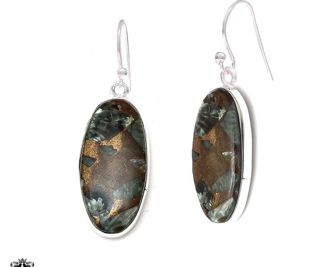 Pyrite Seraphinite 925 Sterling Silver Hook Dangle Earrings E458 • Dangle & Drop Earrings • Dangle Earrings