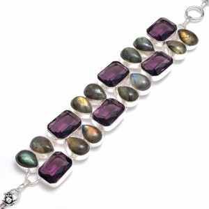 Lila Labradorit Amethyst 925 Sterling Silber Armband B4129