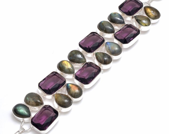 Purple Labradorite Amethyst 925 Sterling Silver Bracelet B4129