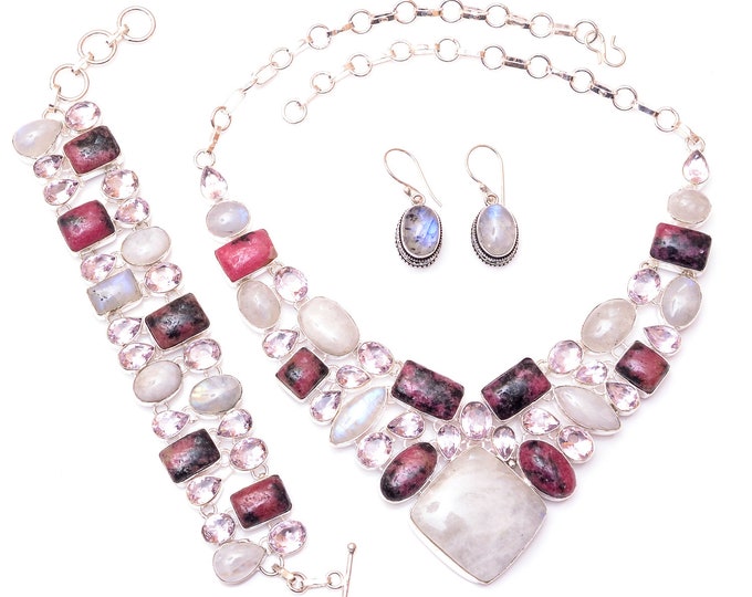 Rhodonite Pink Amethyst Moonstone Fine 925 Sterling Silver Earrings Bracelet Necklace Set SET1207