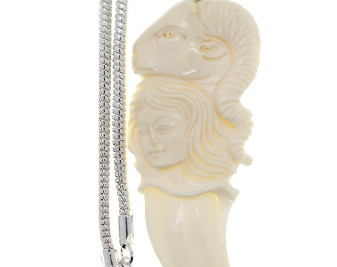 Lady with Ram Carving Pendant & FREE 3MM Italian 925 Sterling Silver Chain C190