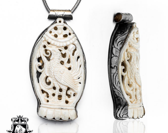 Ceremonial Peacock Dance Carving Pendant & FREE 3MM Italian 925 Sterling Silver Chain N309