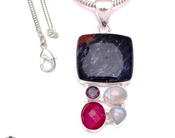 Sodalite Moonstone Ruby Mystic Topaz 925 Sterling Silver Pendant & 3MM Italian 925 Sterling Silver Chain Necklace P8044