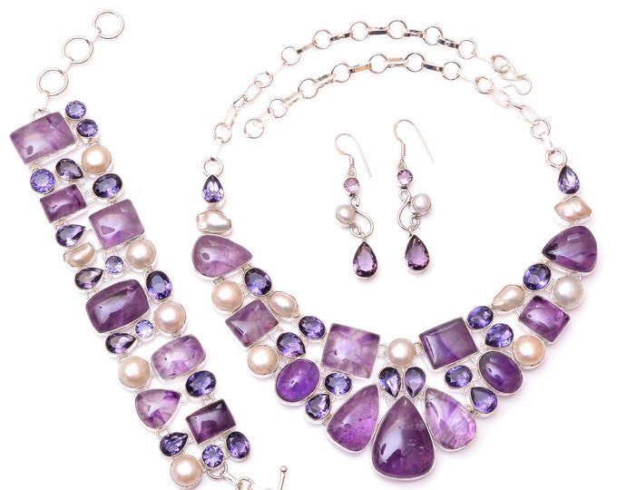 Trapiche Amethyst Auralite 23 Pearl Fine 925 Sterling Silver Earrings Bracelet Necklace Set SET1203