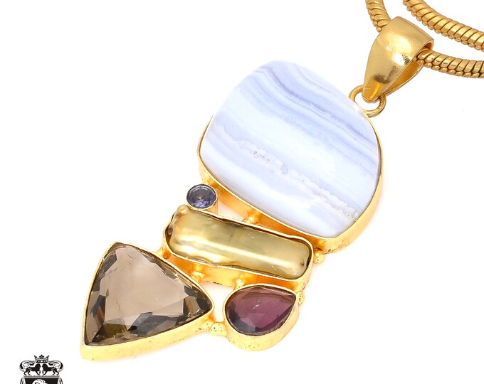 Blue Lace Agate 24K Gold Pendant & 3mm Snake Chain GP66