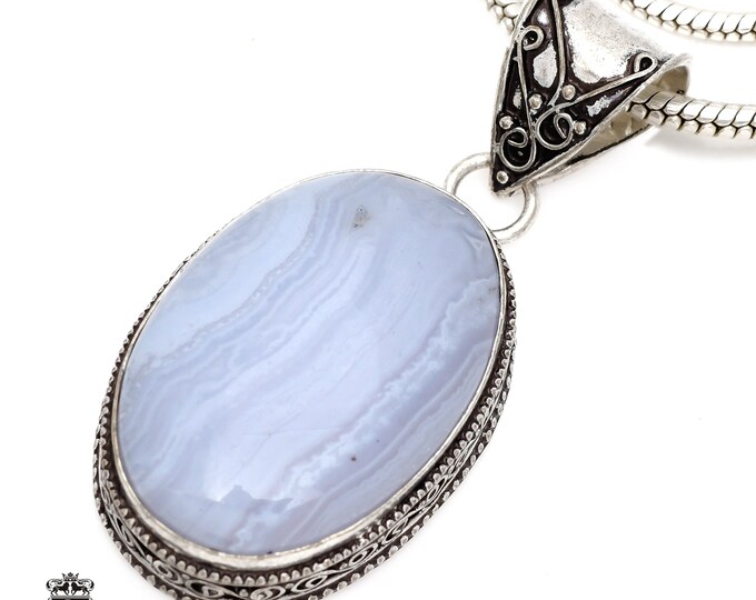 Namibian BLUE LACE Agate Pendant & FREE 3MM Italian 925 Sterling Silver Chain V557