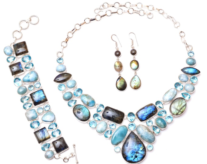 Labradorite Larimar Aquamarine Fine 925 Sterling Silver Earrings Bracelet Necklace Set SET1183