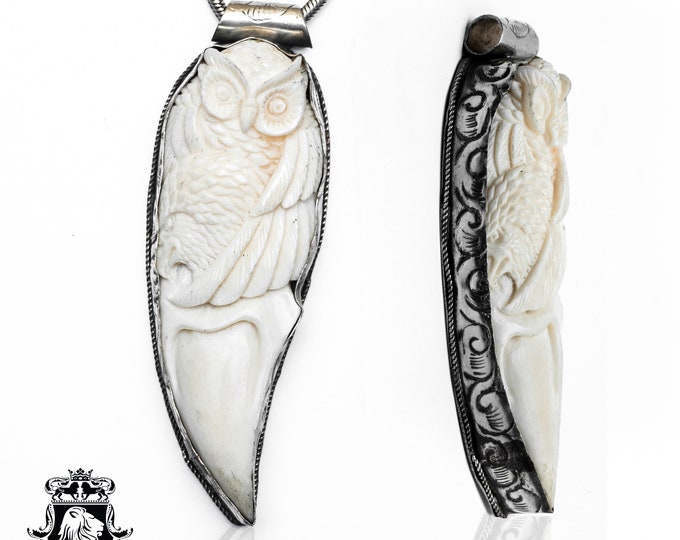 Hooting Owl Carving Pendant & FREE 3MM Italian 925 Sterling Silver Chain N303