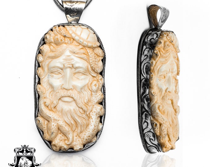 Poseidon Neptune Triton Carving Pendant & FREE 3MM Italian 925 Sterling Silver Chain N293