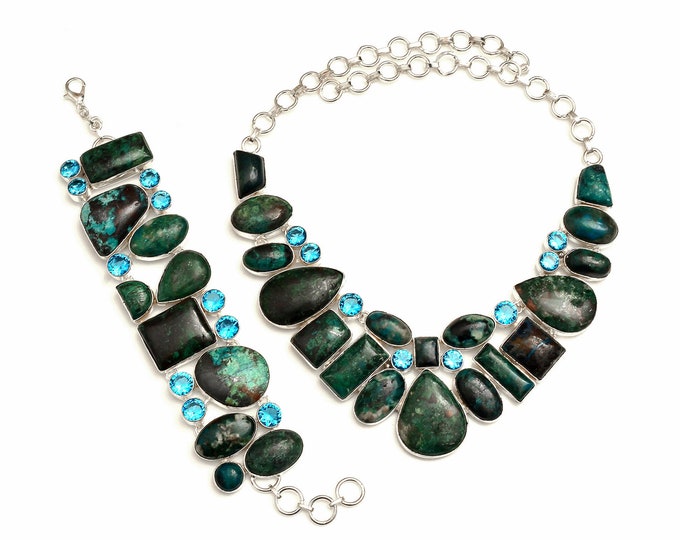 Classy! Azurite Malachite Shattuckite Blue Topaz Fine Sterling Silver Necklace Bracelet Earrings SET946