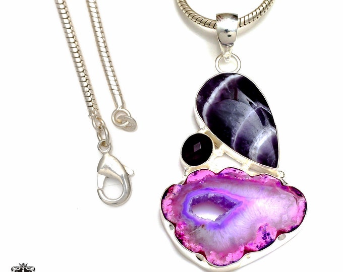 Stalactite Chevron Amethyst 925 Sterling Silver Pendant & 3MM Italian 925 Sterling Silver Chain P8838