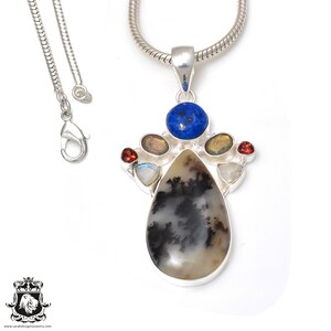 Lapis Labradorite Moonstone Garnet Scenic Agate 925 Sterling Silver Pendant & 2MM Italian 925 Sterling Silver Chain P7614