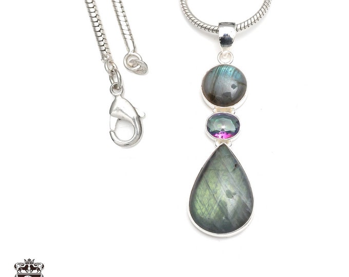 Labradorite 925 Sterling Silver Pendant & 3MM Italian 925 Sterling Silver Chain P9214