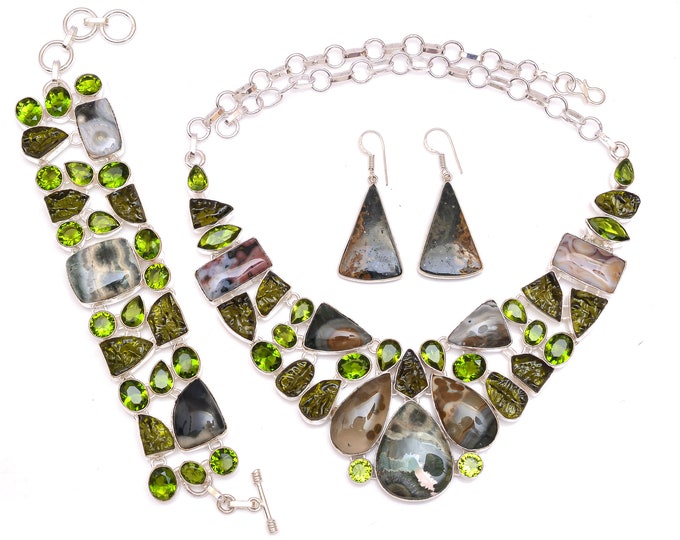 Design Concept! Ocean Poppy Jasper Peridot Fine 925 Sterling Silver Necklace Bracelet Dangle Earrings SET1156