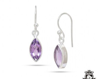 May include: A pair of silver dangle earrings featuring purple amethyst gemstones. The earrings have a simple design with a marquise-shaped stone.