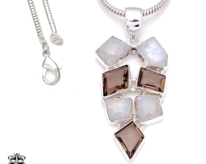 Moonstone Smokey Quartz 925 Sterling Silver Pendant & 3MM Italian 925 Sterling Silver Chain Necklace P7990