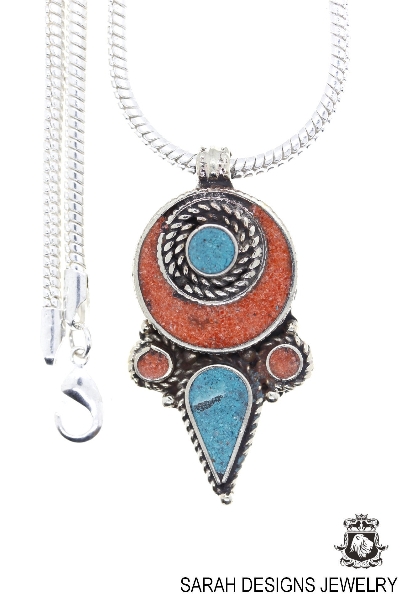 Asian Sterling Silver Necklace set Tibetan Jewelry  Ethnic Turquoise Coral Set4 