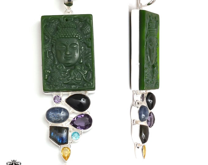 Meditation 5 Inch Genuine Jade Buddha Gemstone Carving Pendant FREE 3MM Italian Snake Chain P9073