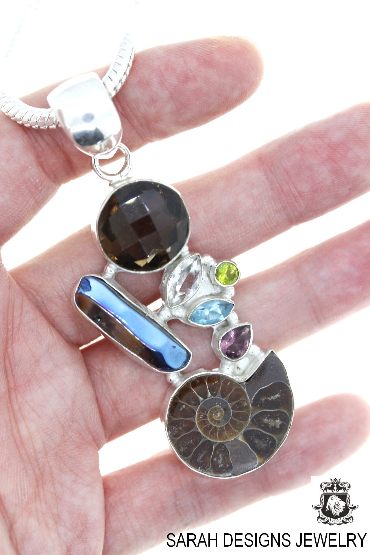 VARISCITE AMMONITE CARIBBEAN Larimar Druzy Topaz 925 S0LID Sterling Silver Pendant 4mm Snake Chain /& Free Worldwide Shipping mp254