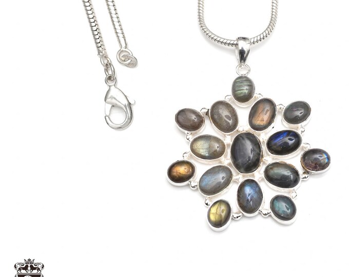 Labradorite 925 Sterling Silver Pendant & 3MM Italian 925 Sterling Silver Chain P9218