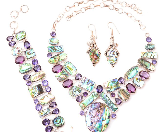 Abalone Shell Amethyst Fine 925 Sterling Silver Earrings Bracelet Necklace Set SET1215