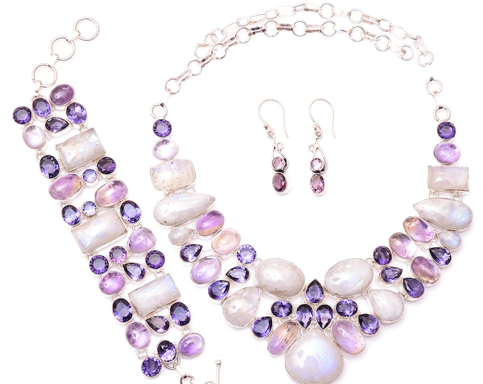 Moonstone Amethyst Ametrine Fine 925 Sterling Silver Earrings Bracelet Necklace Set SET1193