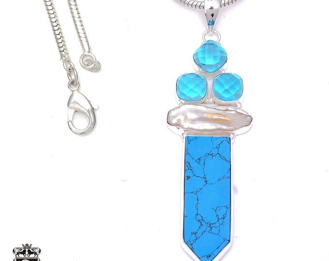 4 Inch Stabilized Turquoise Sterling Silver Pendant & FREE 3MM Italian 925 Sterling Silver Chain P7871