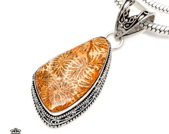 FOSSILIZED Bali CORAL Pendant & FREE 3MM Italian 925 Sterling Silver Chain V1755