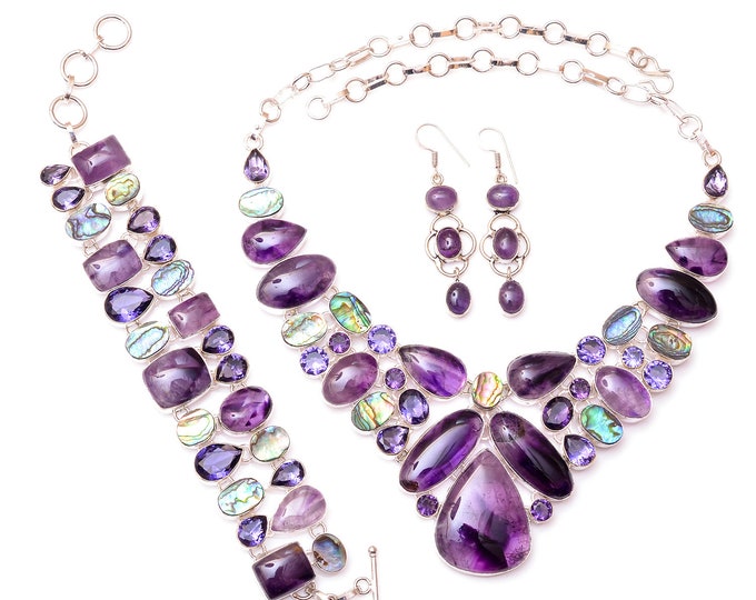 Tripache Amethyst Abalone Shell Fine 925 Sterling Silver Earrings Bracelet Necklace Set SET1188