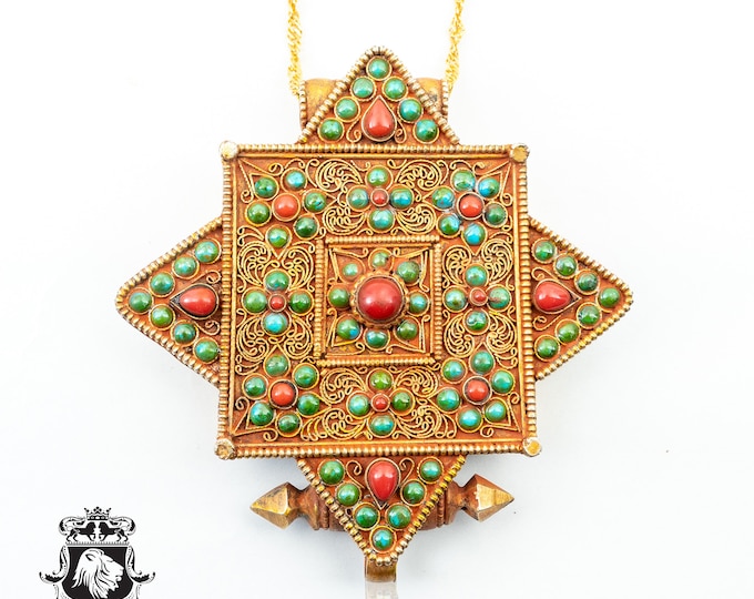 Largest of its kind! 5 Inch Turquoise Coral Tibetan Star Ghau Amulet Prayer Box Pendant Np19