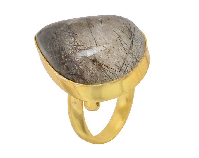 Size 7.5 - Size 9 Tourmalated Quartz Ring Meditation Ring 24K Gold Ring GPR1501