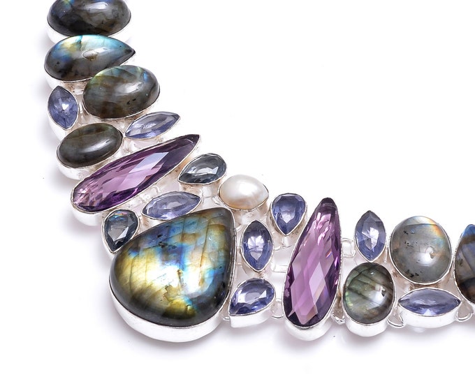 Labradorite Pearl Irradiated Amethyst Healing Crystal Necklace Birthstone Necklace NK74