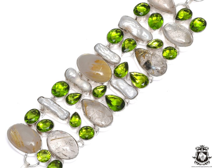 Rutile Quartz Peridot Pearl 925 Sterling Silver Bracelet B3555