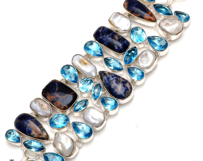 Sodalite Pearl Blue Topaz 925 Sterling Silver Bracelet B3678