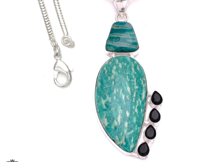 Amazonite Black Tourmaline 925 Sterling Silver Pendant & 3MM Italian 925 Sterling Silver Chain P8050