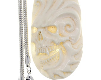 Flaming Skull Carving Pendant & FREE 3MM Italian 925 Sterling Silver Chain C245