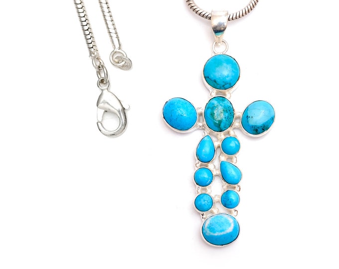 Hachita Turquoise Cross 925 Sterling Silver Pendant & 3MM Italian 925 Sterling Silver Chain P9503