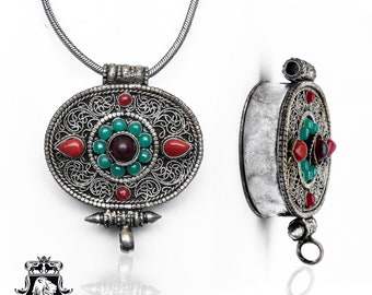 Ruby Emerald Coral Antique Silver Ghau Prayer Box Pendant N549
