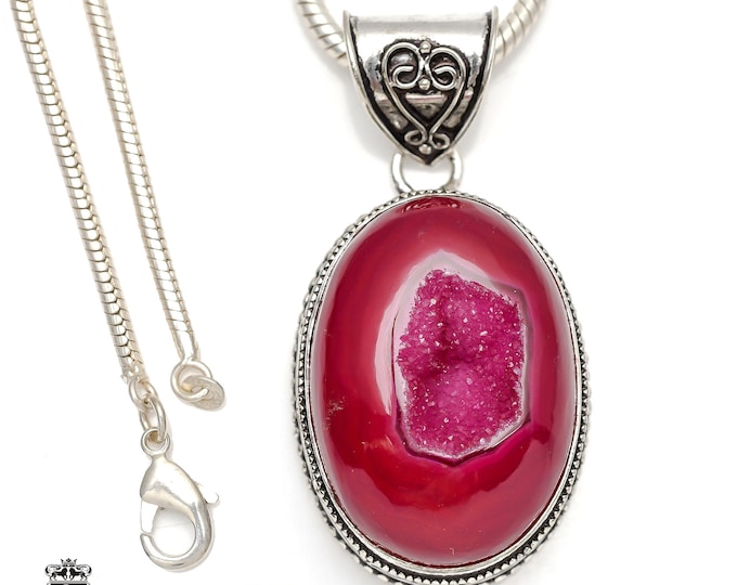 Pink Agate Geode Druzy Pendant & FREE 3MM Italian 925 Sterling Silver Chain V148