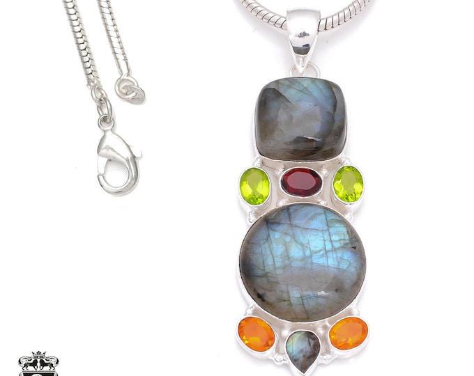 Carnelian Labradorite 925 Sterling Silver Pendant & 3MM Italian 925 Sterling Silver Chain P7953