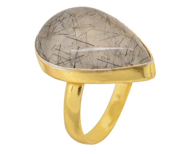 Size 9.5 - Size 11 Tourmalated Quartz Ring Meditation Ring 24K Gold Ring GPR1500